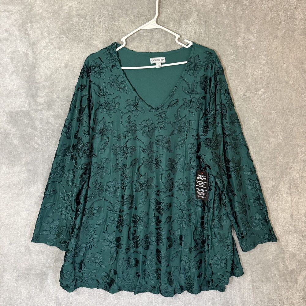 NWT Catherine's Women 2X Plus Green Velvet Burnout Floral 3/4 Sleeve Tunic